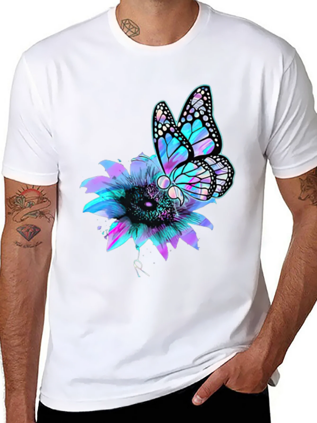 Butterfly Sunflower Graphic Tee - Mens Black T-Shirt