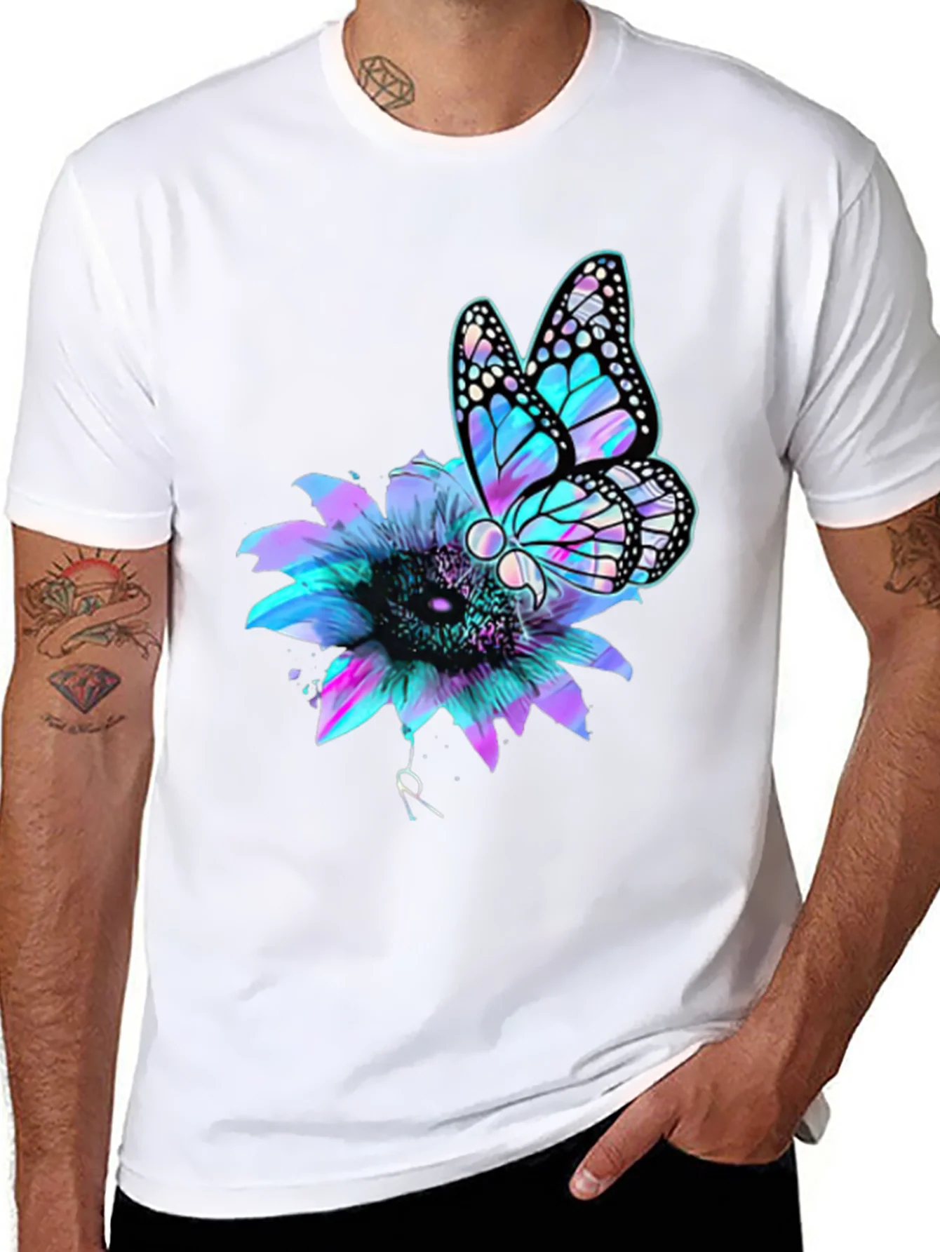 Butterfly Sunflower Graphic Tee - Mens Black T-Shirt