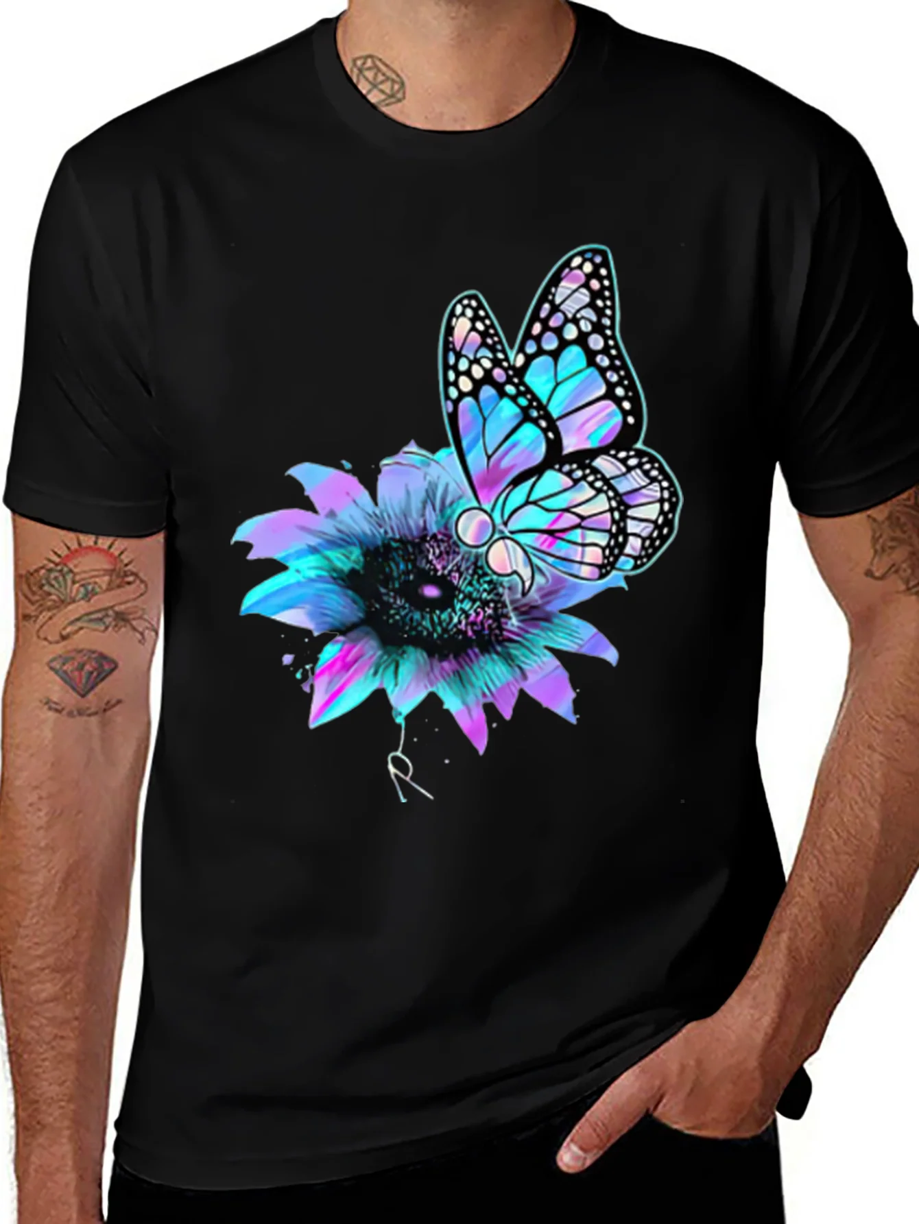 Butterfly Sunflower Graphic Tee - Mens Black T-Shirt