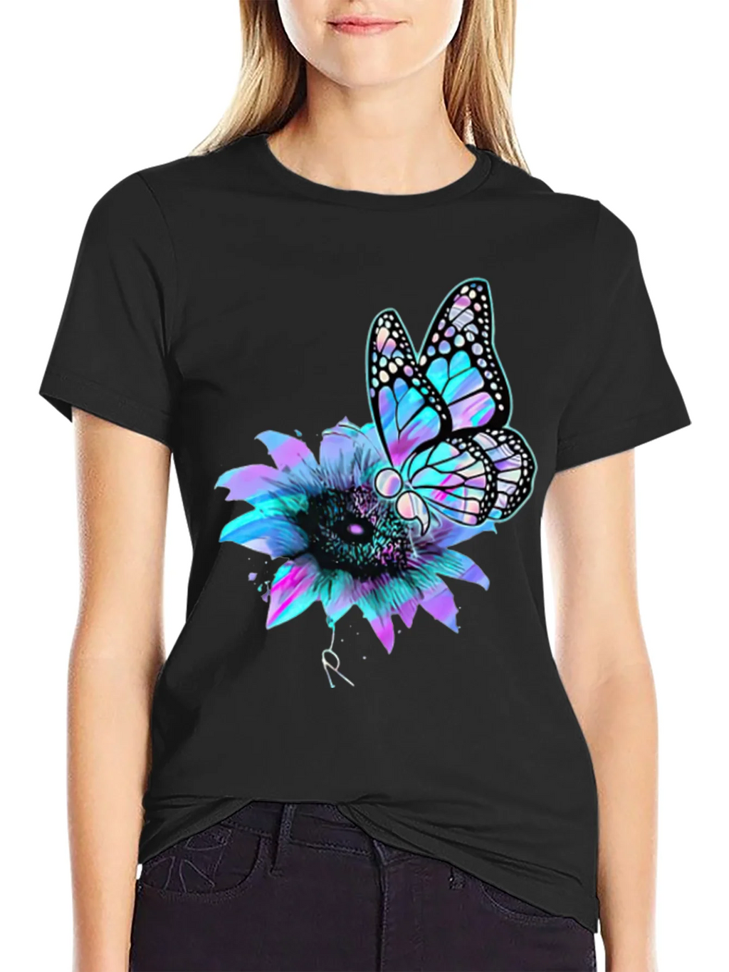 Butterfly Sunflower Graphic Tee - Mens Black T-Shirt
