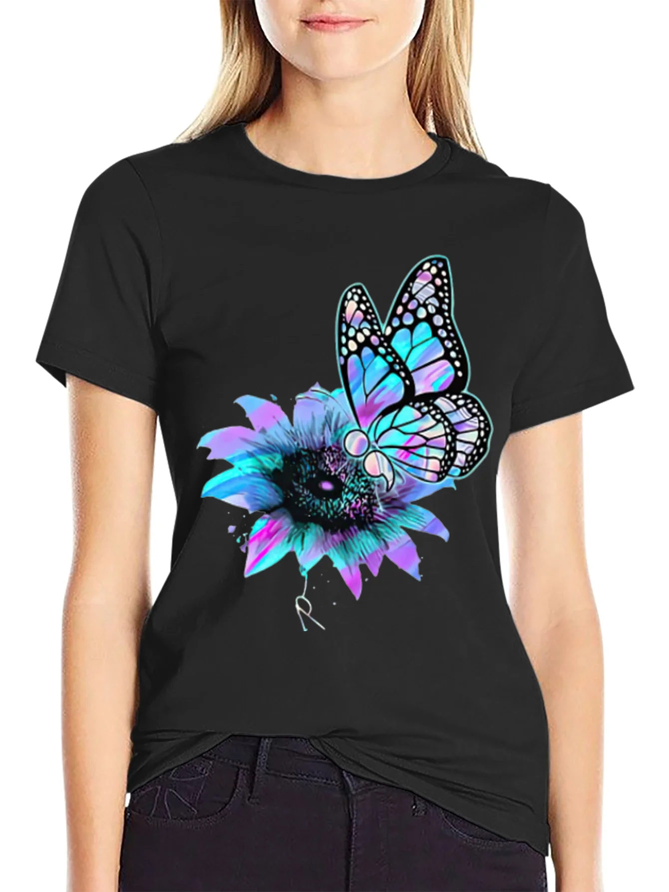 Butterfly Sunflower Graphic Tee - Mens Black T-Shirt