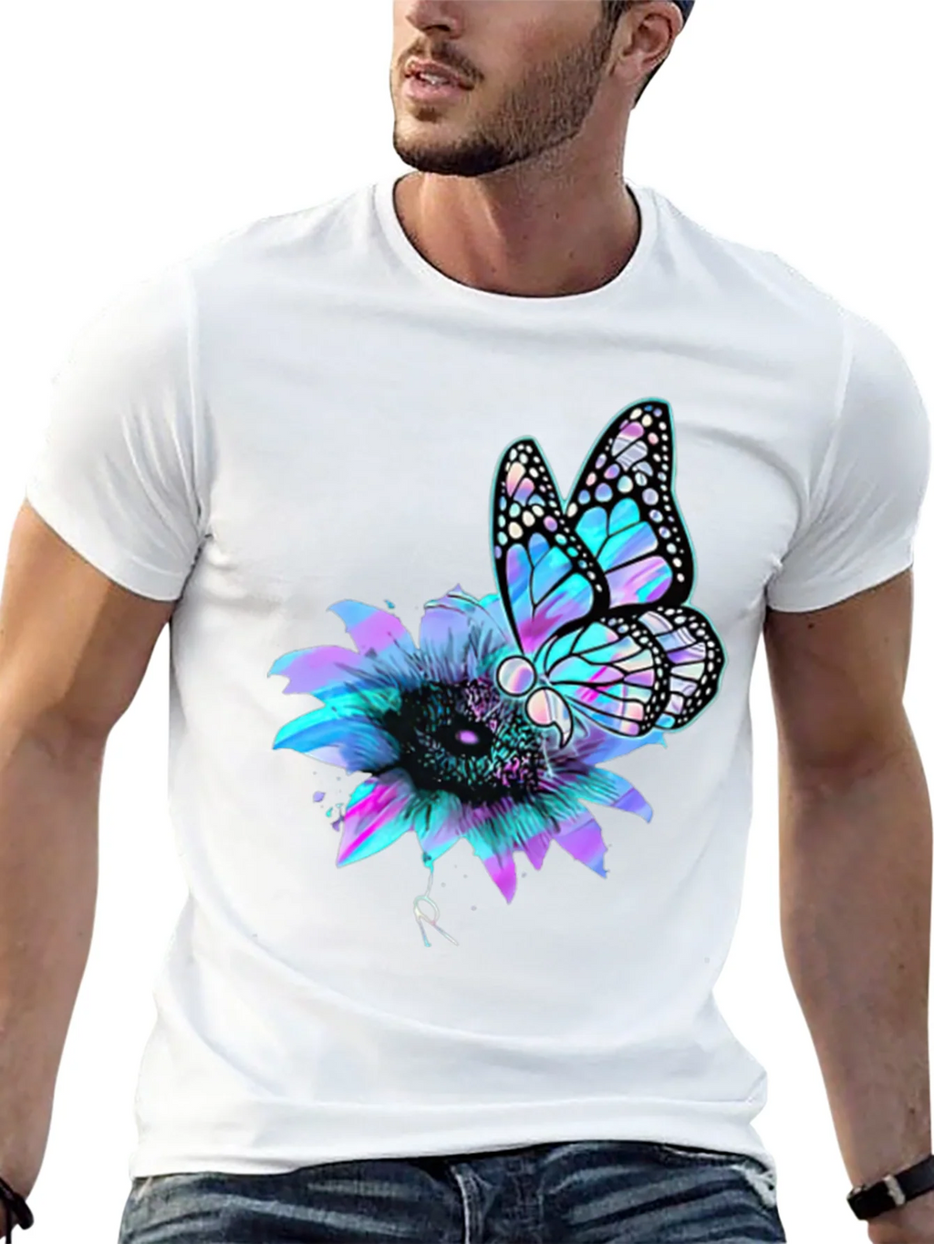 Butterfly Sunflower Graphic Tee - Mens Black T-Shirt