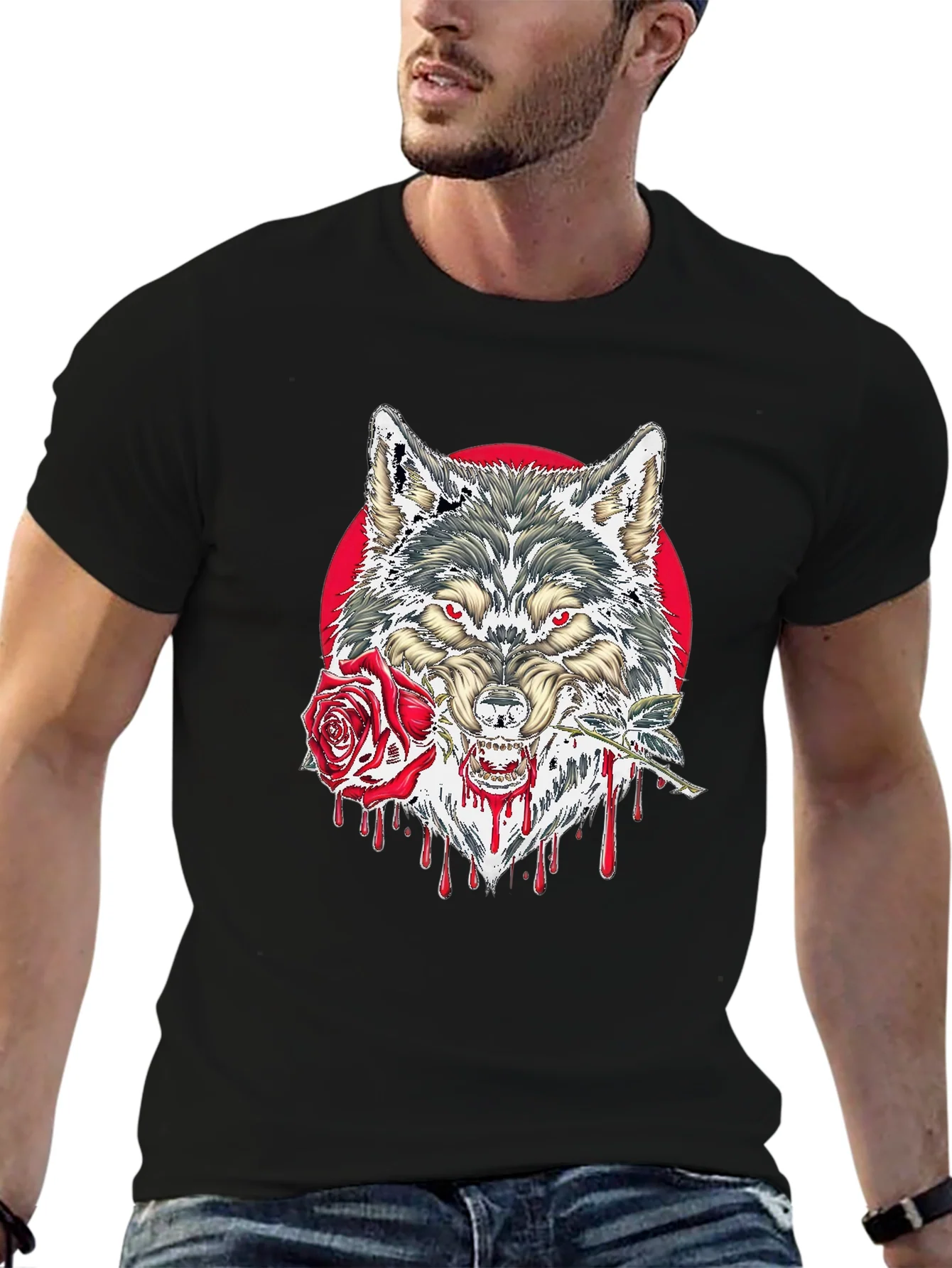 Wolf and Rose Graphic Tee - Mens Black T-Shirt