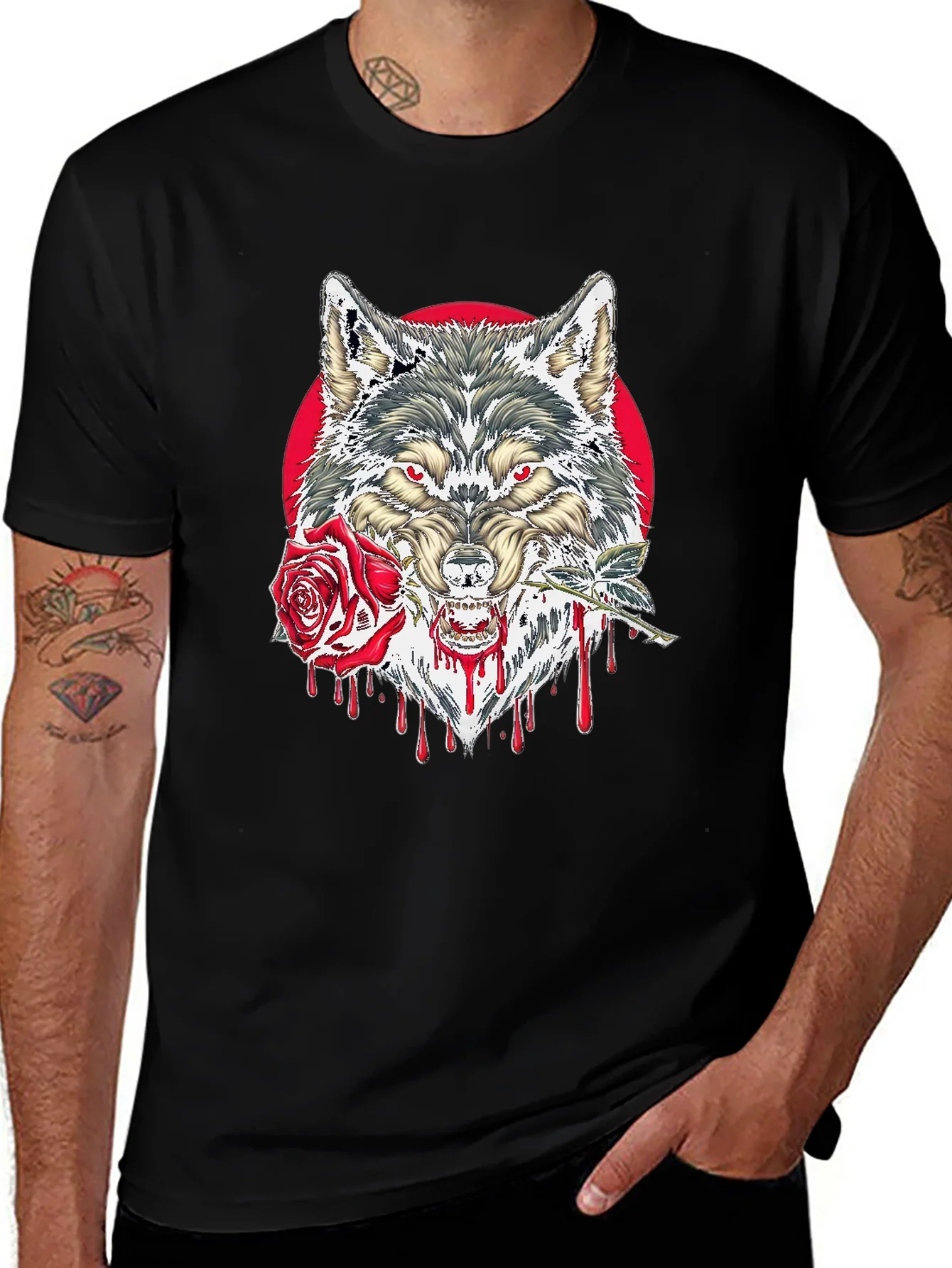 Wolf and Rose Graphic Tee - Mens Black T-Shirt