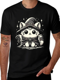 Witch Cat Graphic Tee - Black Cotton T-Shirt