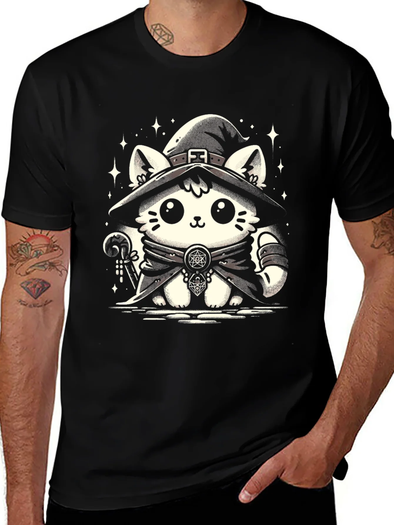 Witch Cat Graphic Tee - Black Cotton T-Shirt