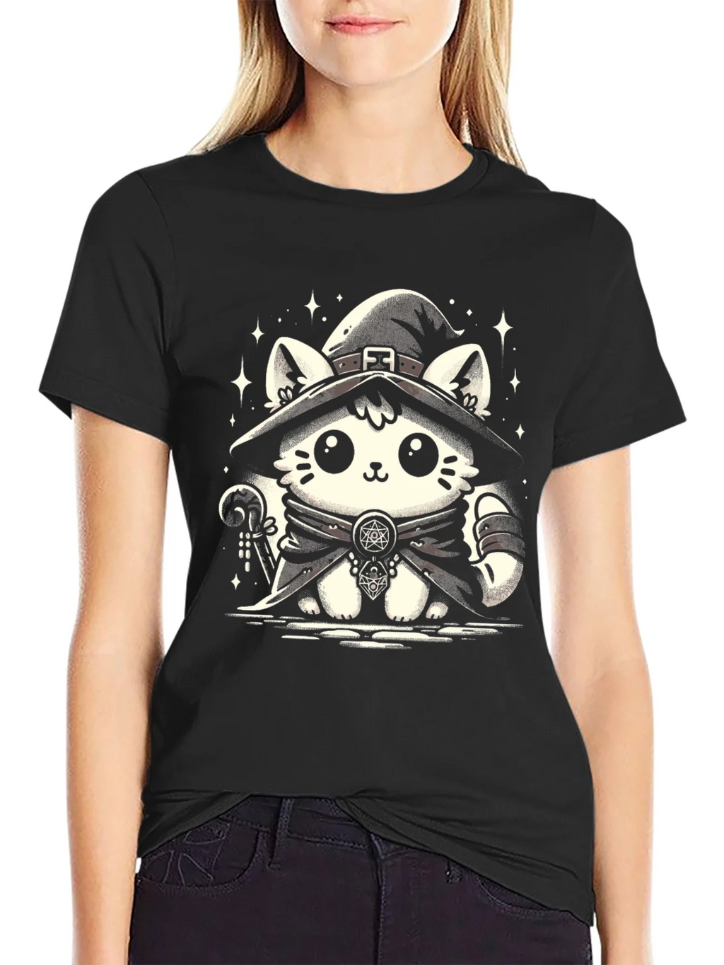 Witch Cat Graphic Tee - Black Cotton T-Shirt