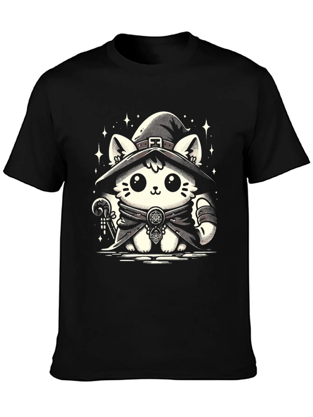 Witch Cat Graphic Tee - Black Cotton T-Shirt
