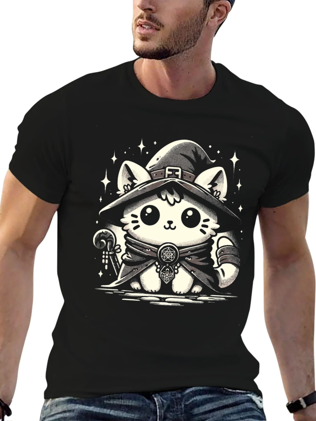 Witch Cat Graphic Tee - Black Cotton T-Shirt