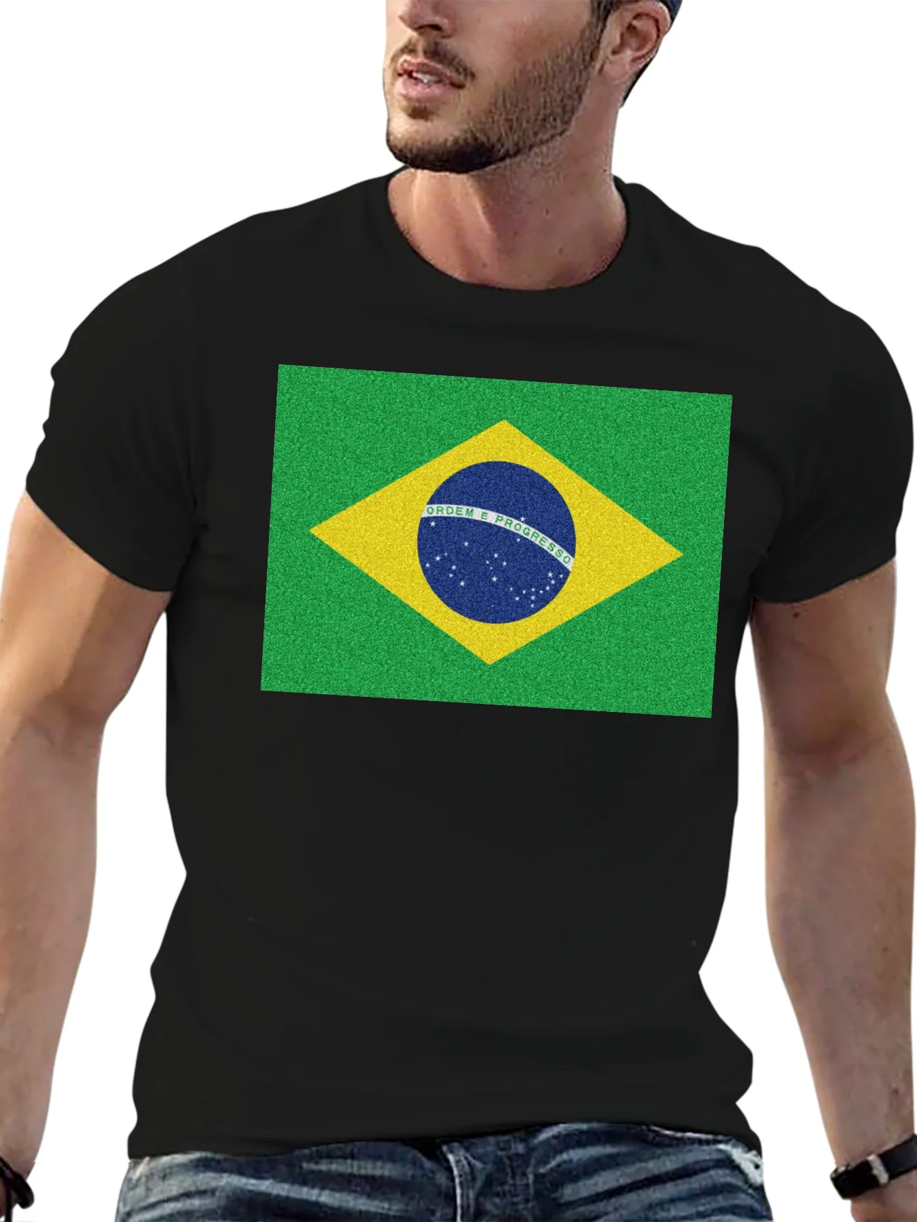 Brazil Flag Graphic Tee - Black Cotton T-Shirt