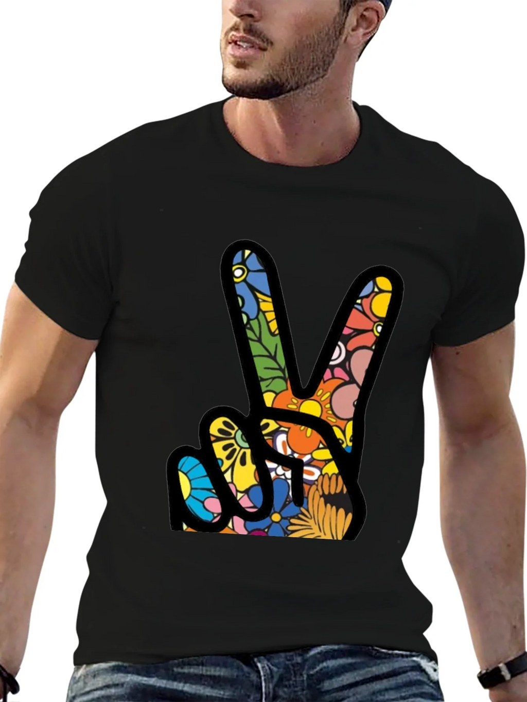 Peace Sign Floral Pattern T-Shirt
