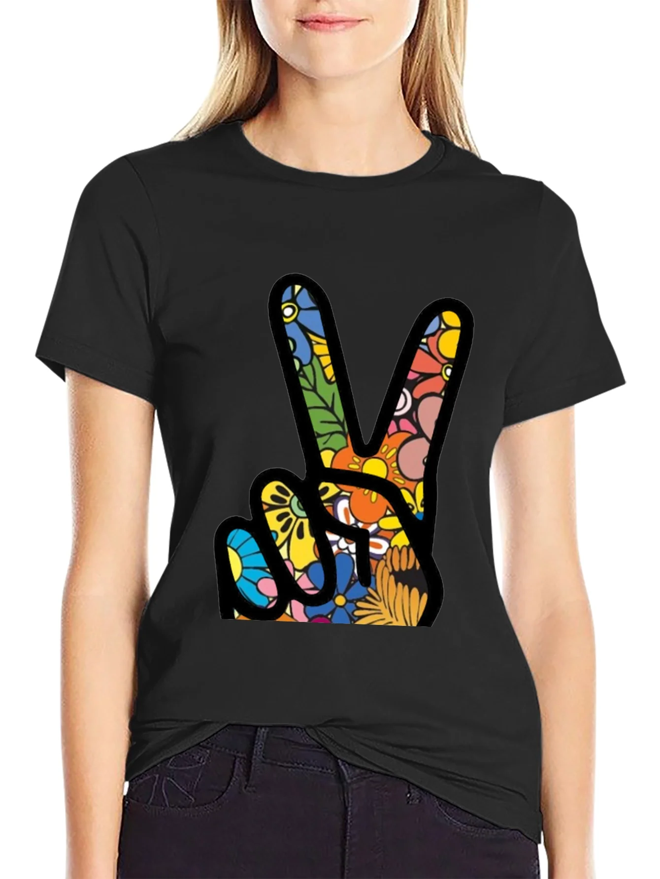 Peace Sign Floral Pattern T-Shirt
