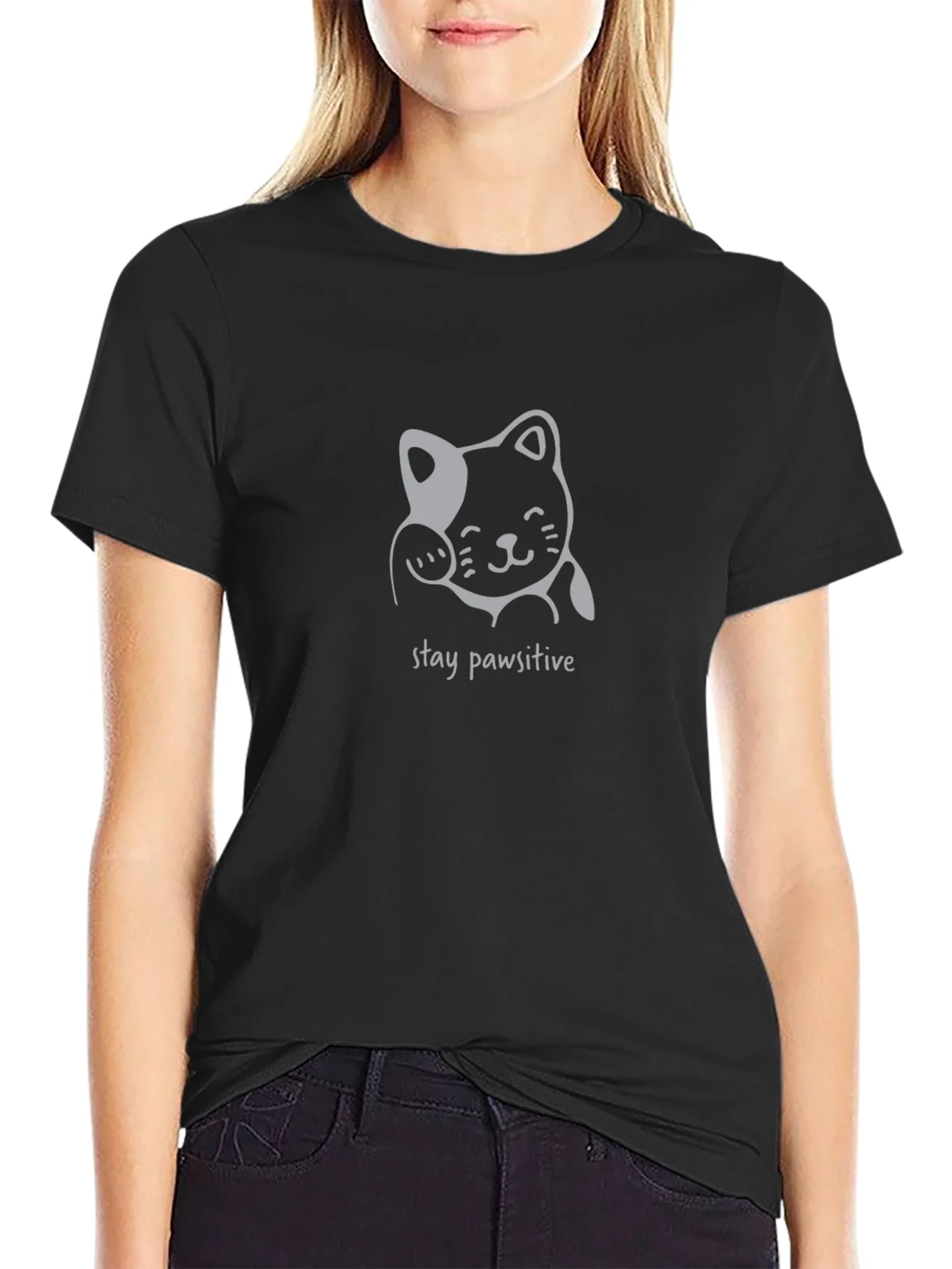 Stay Pawsitive Cat Graphic Tee - Black