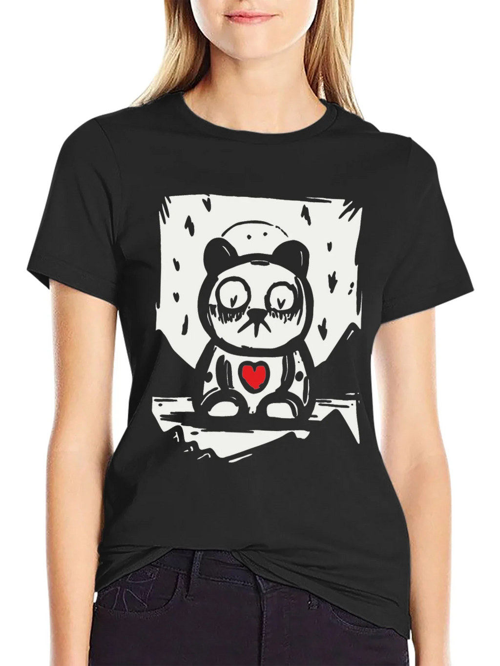Sad Panda Heart Graphic Tee - Black