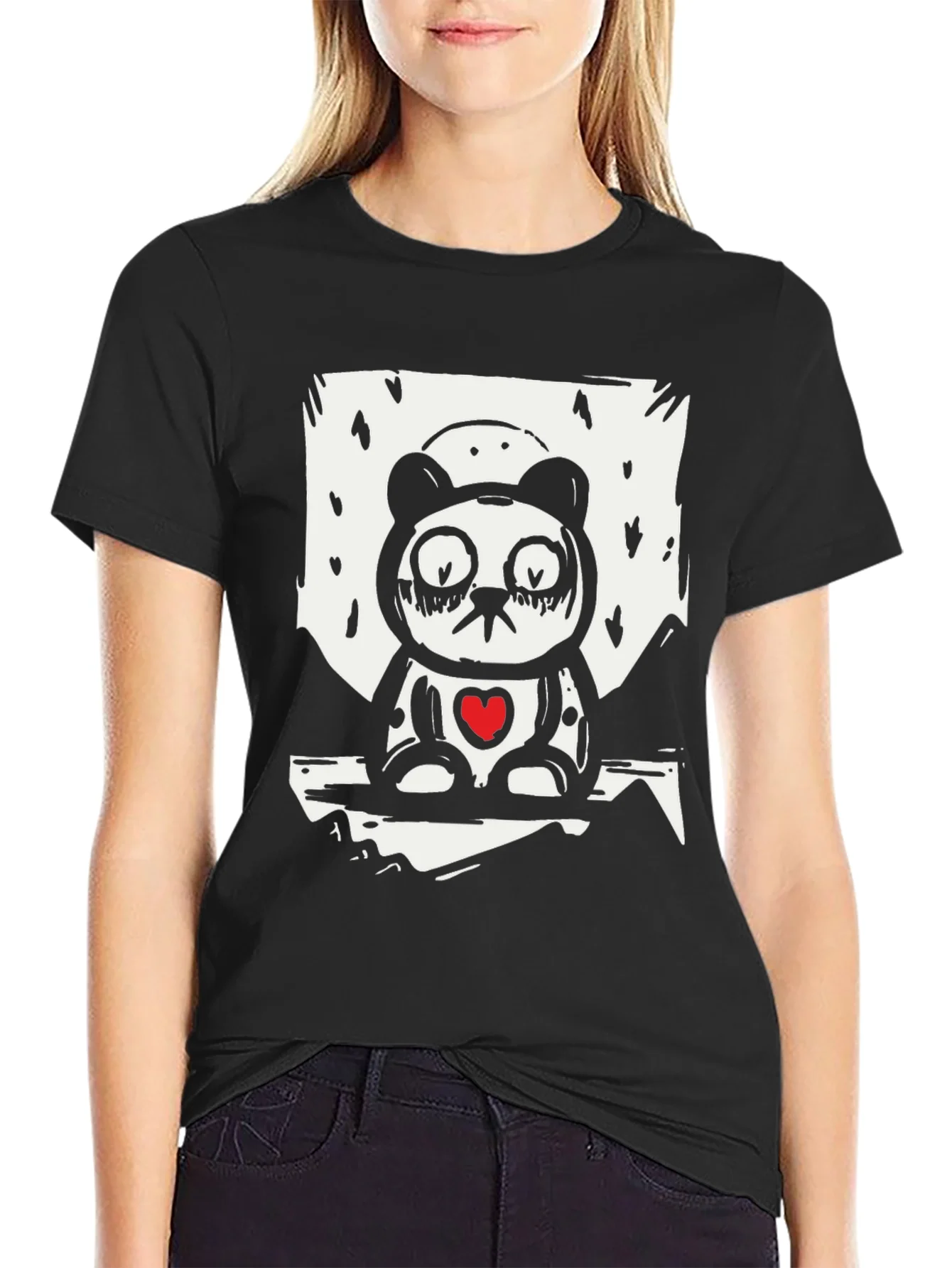 Sad Panda Heart Graphic Tee - Black