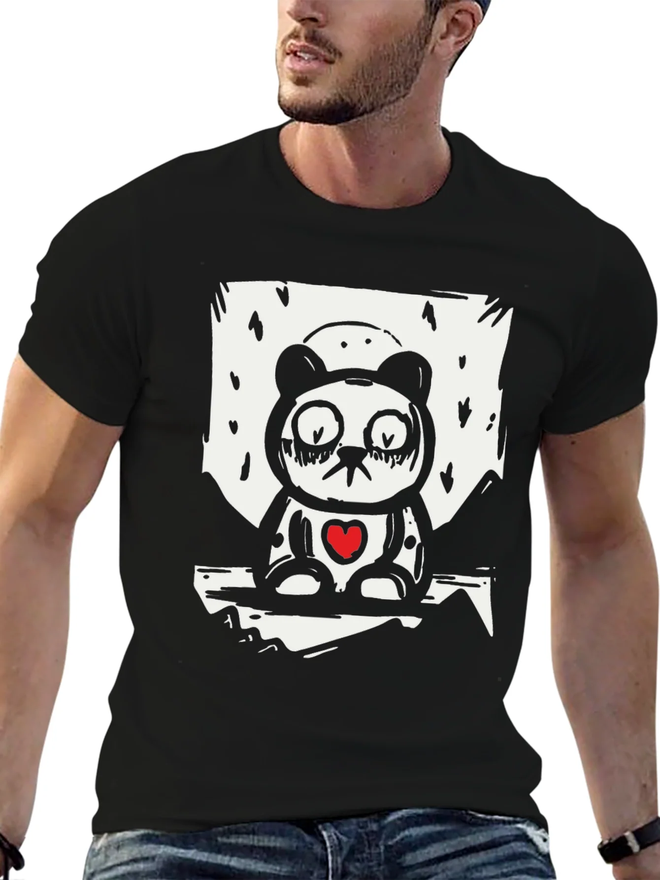 Sad Panda Heart Graphic Tee - Black