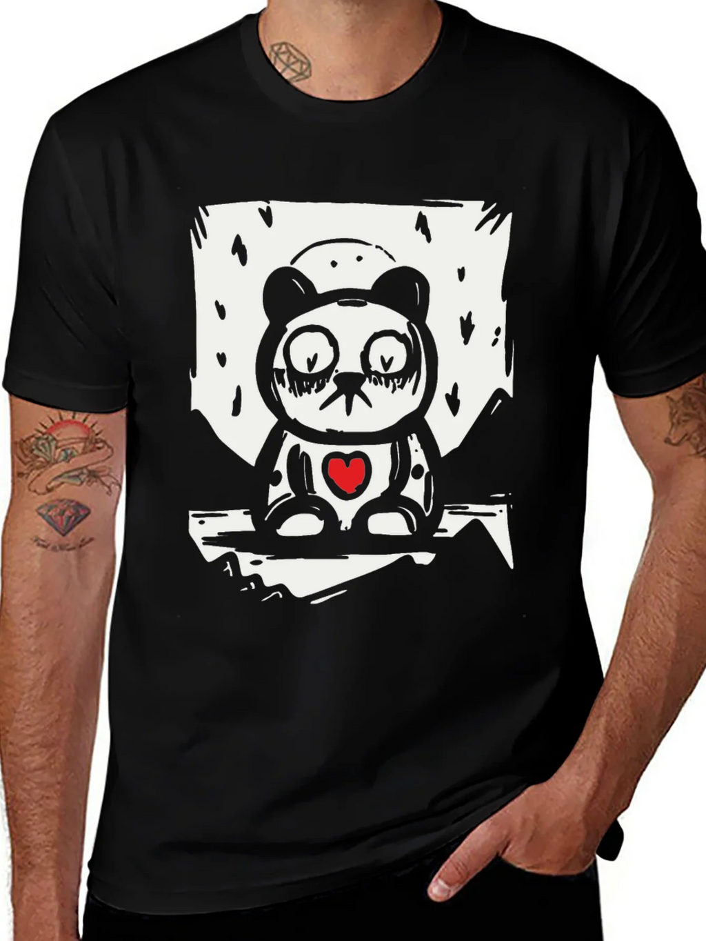 Sad Panda Heart Graphic Tee - Black