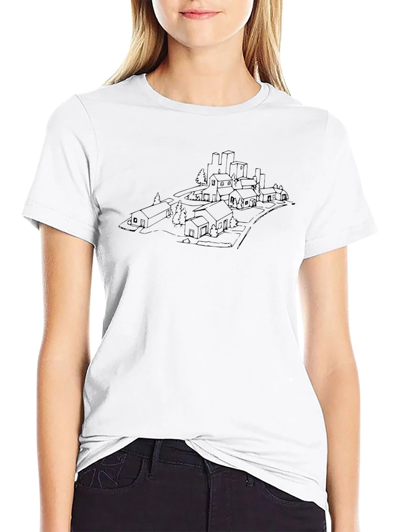 Urban Sketch Black T-Shirt - Cityscape Design