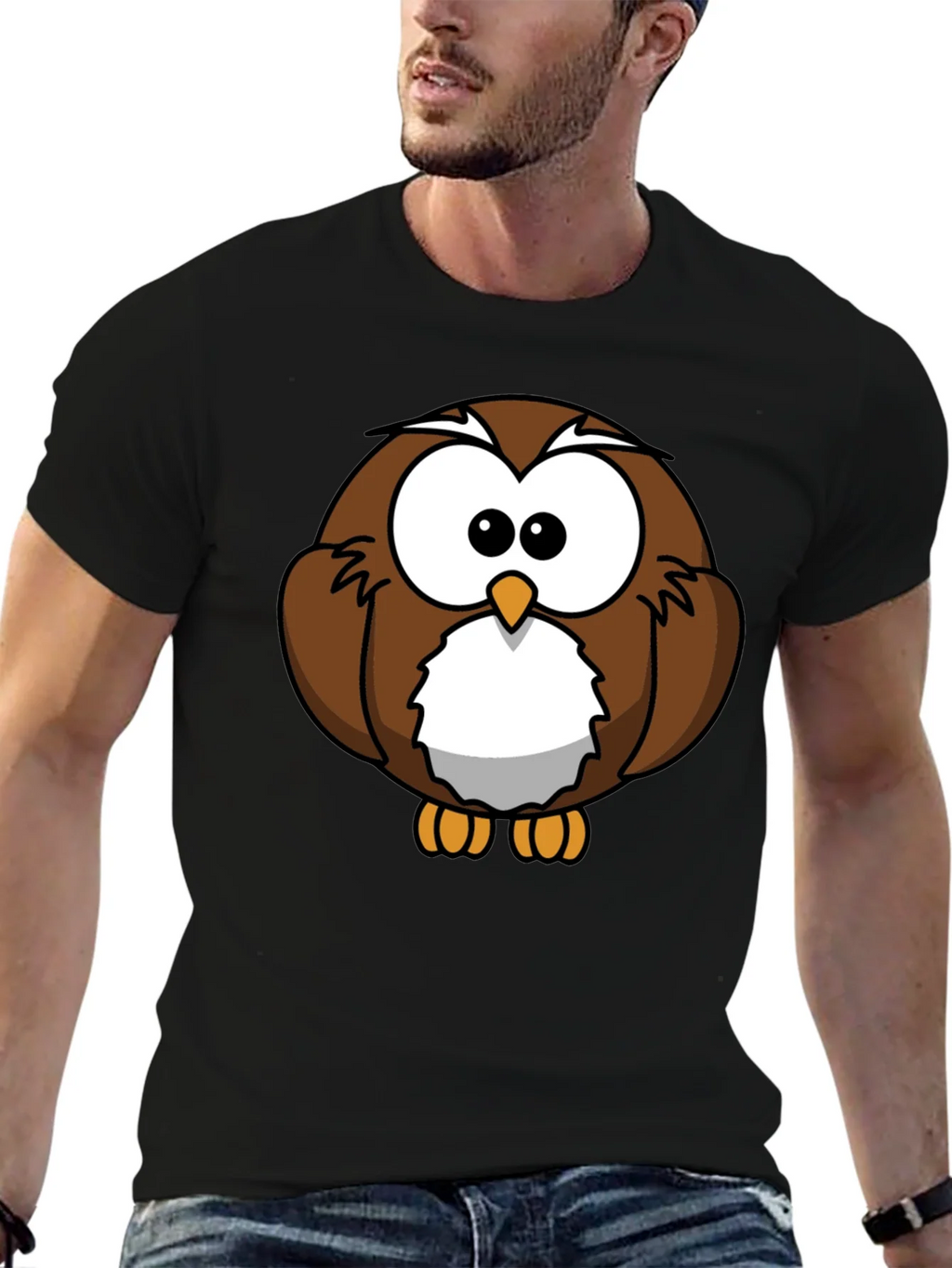 Cute Cartoon Owl Graphic T-Shirt - Black