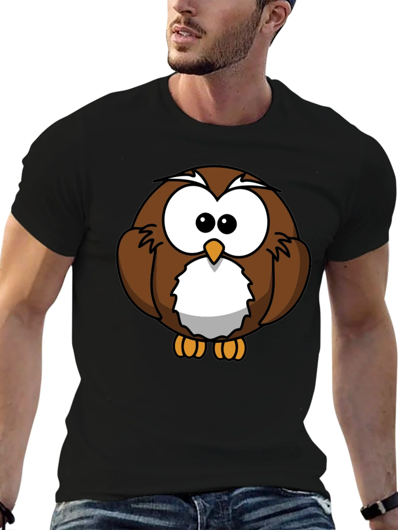Cute Cartoon Owl Graphic T-Shirt - Black