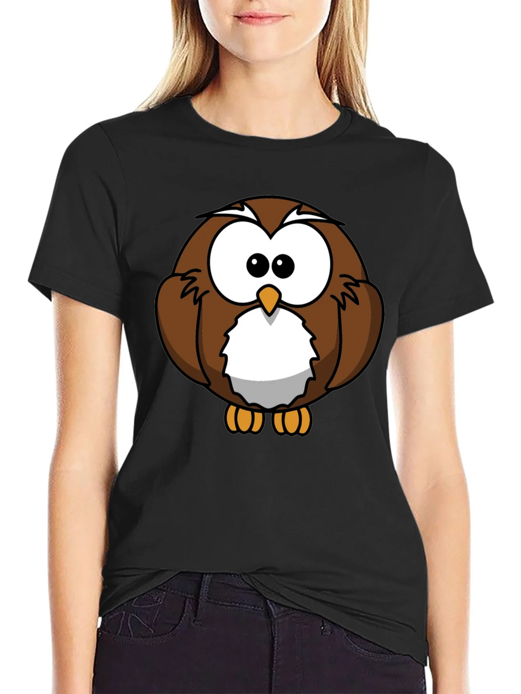 Cute Cartoon Owl Graphic T-Shirt - Black
