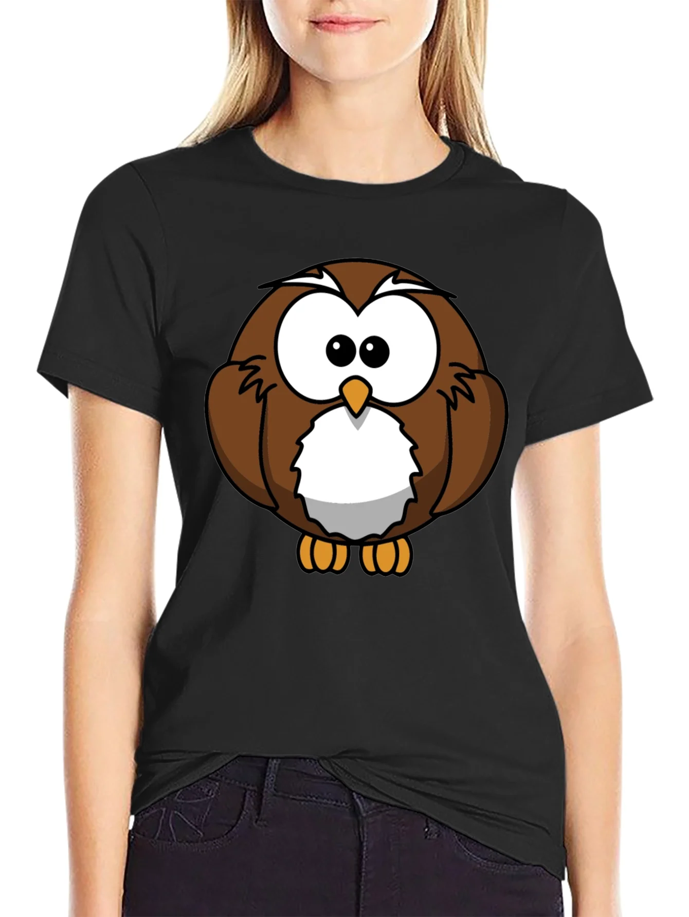 Cute Cartoon Owl Graphic T-Shirt - Black