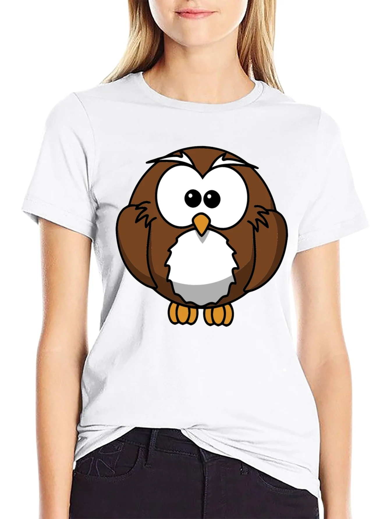 Cute Cartoon Owl Graphic T-Shirt - Black