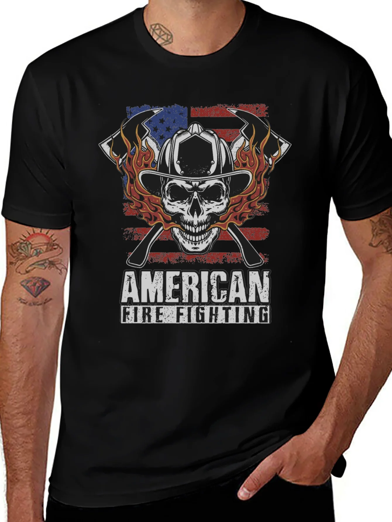 American Firefighting Skull Graphic T-Shirt