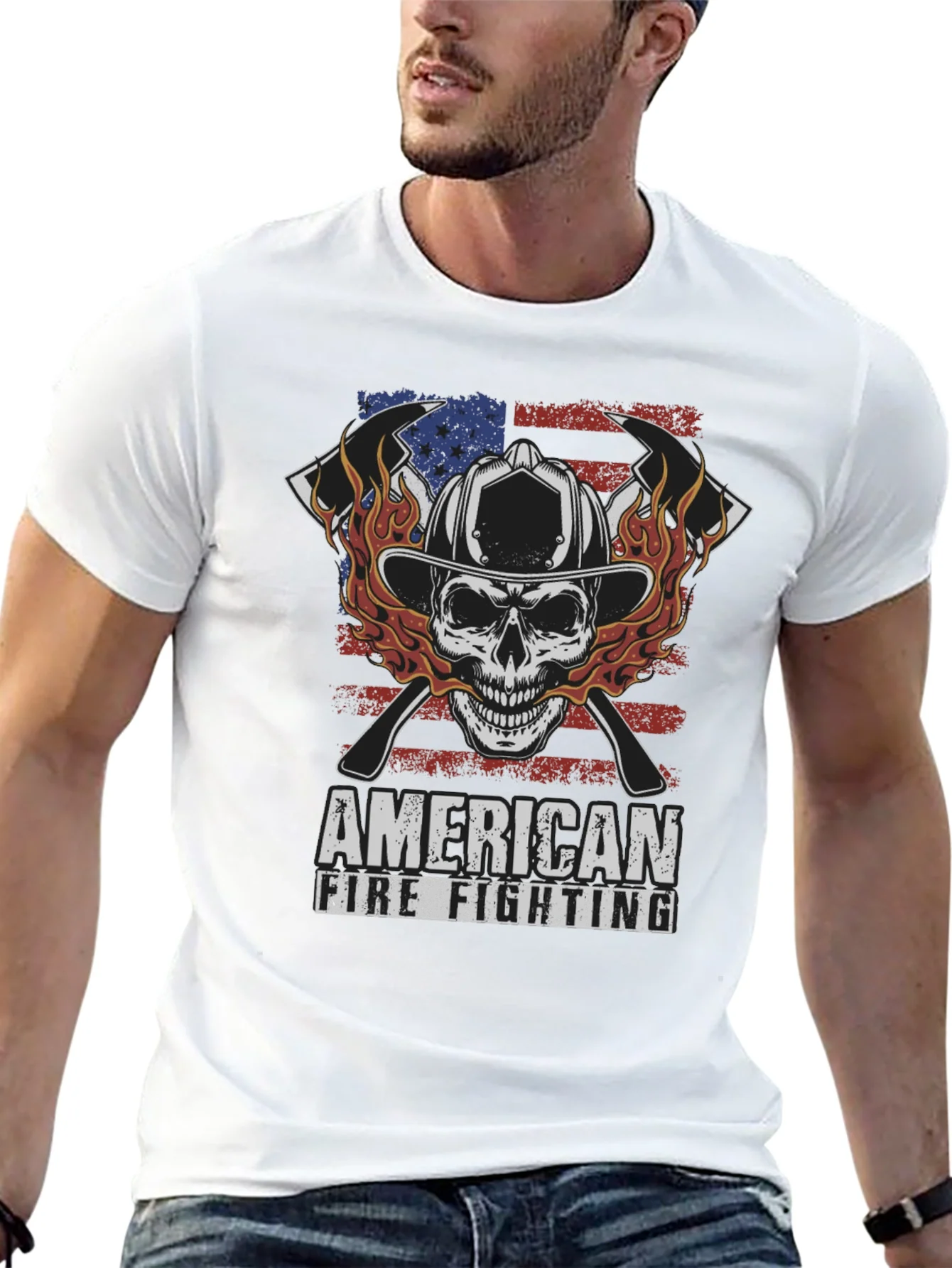 American Firefighting Skull Graphic T-Shirt