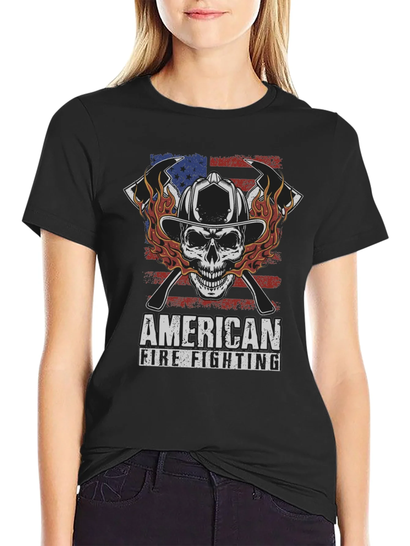 American Firefighting Skull Graphic T-Shirt