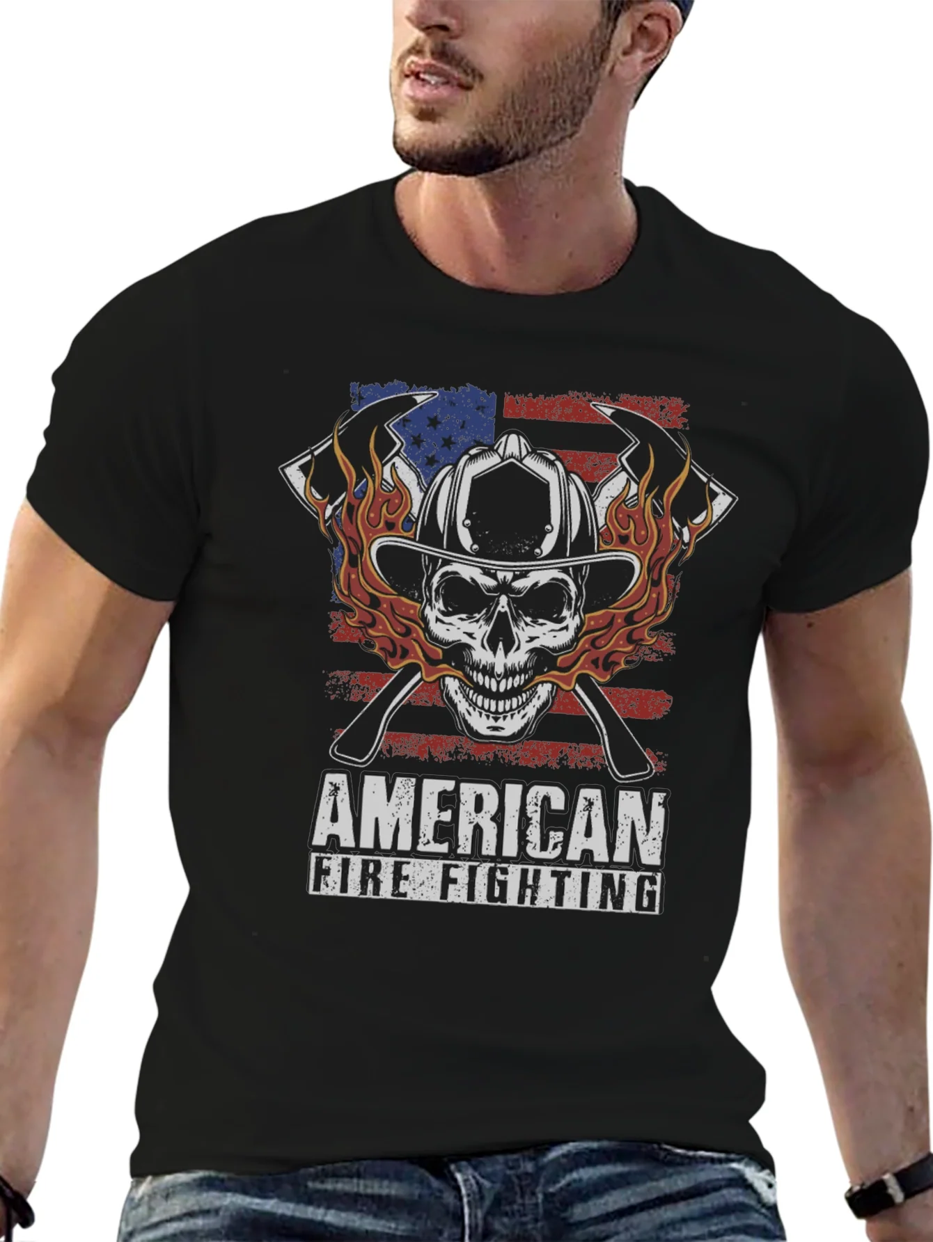 American Firefighting Skull Graphic T-Shirt