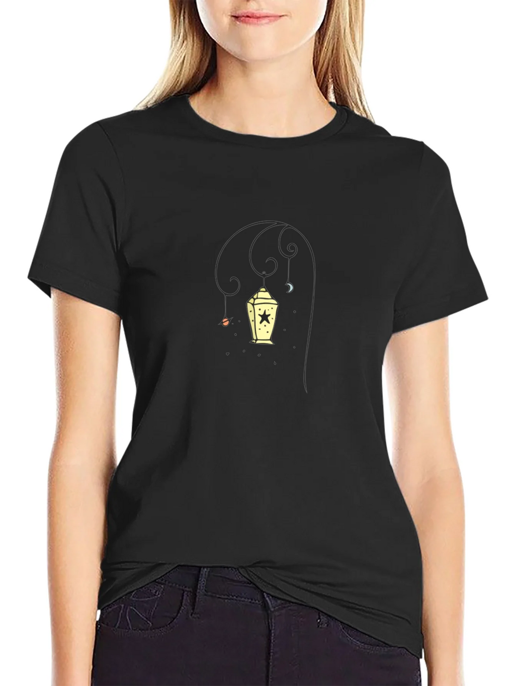 Stylish Black Tee with Lantern Graphic