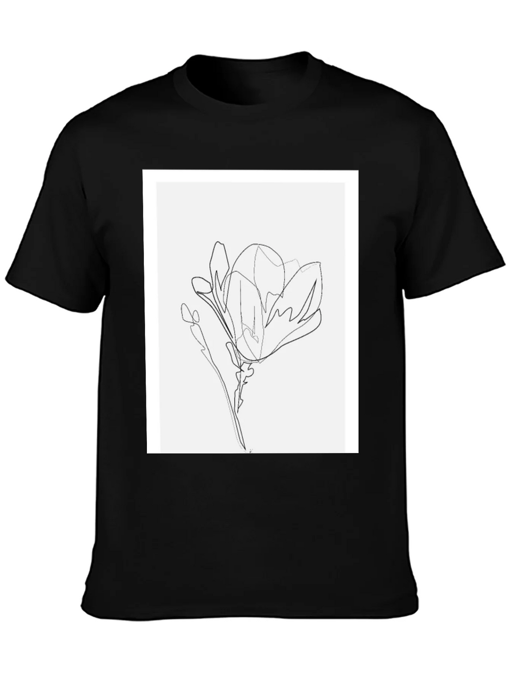 Minimalist Line Art Flower T-Shirt - Black