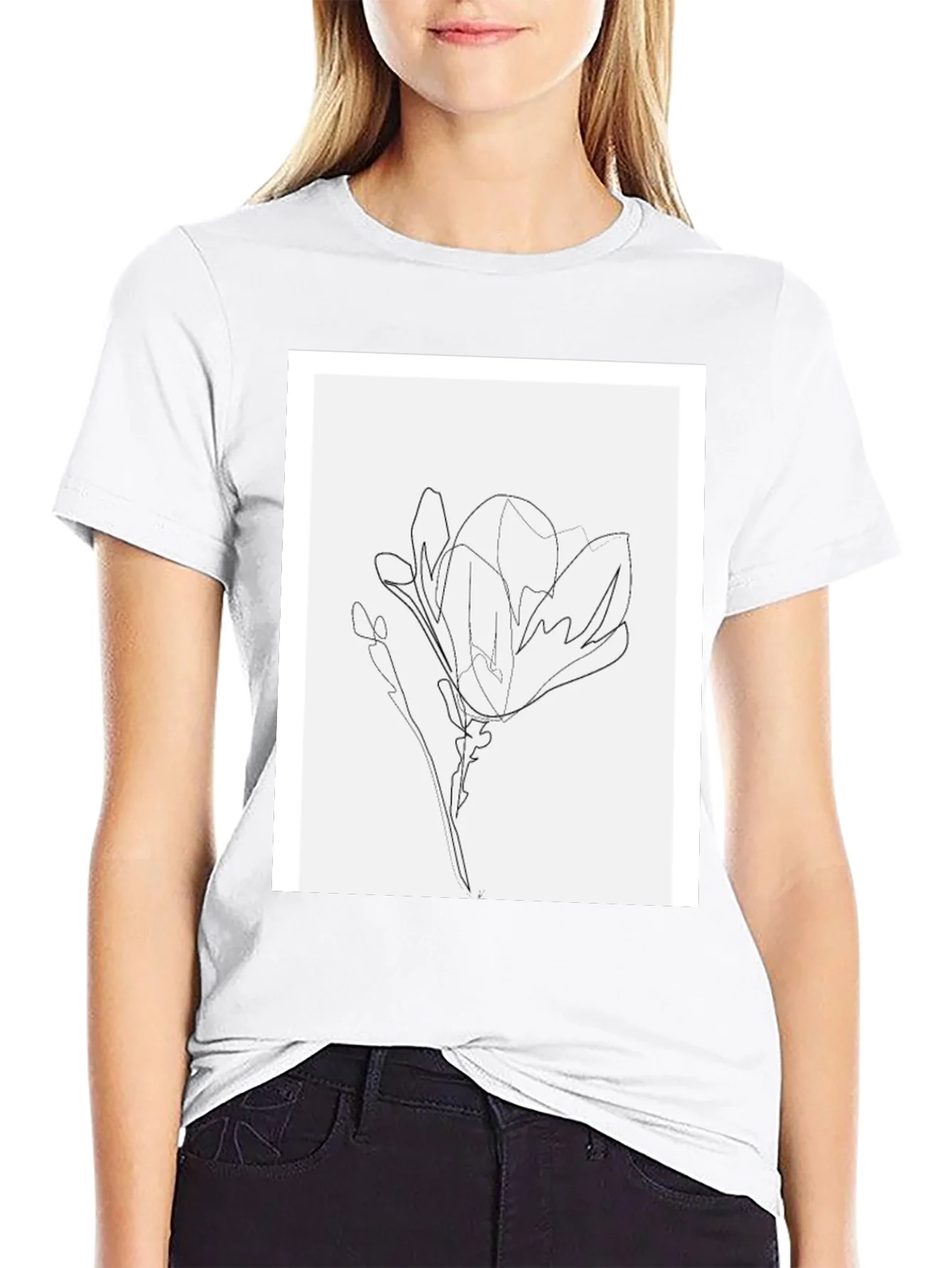 Minimalist Line Art Flower T-Shirt - Black