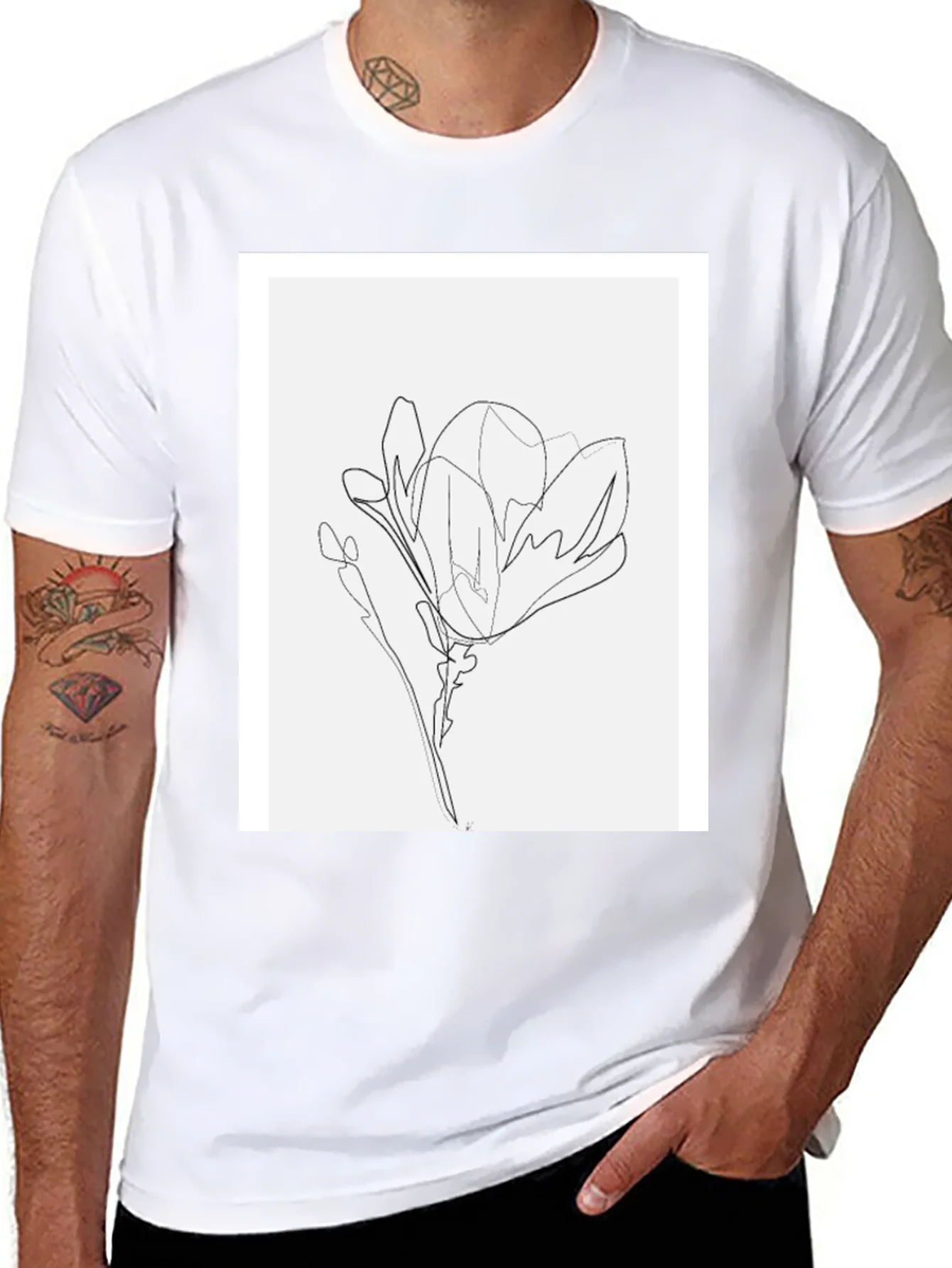 Minimalist Line Art Flower T-Shirt - Black