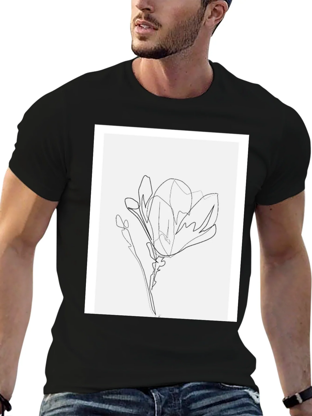 Minimalist Line Art Flower T-Shirt - Black