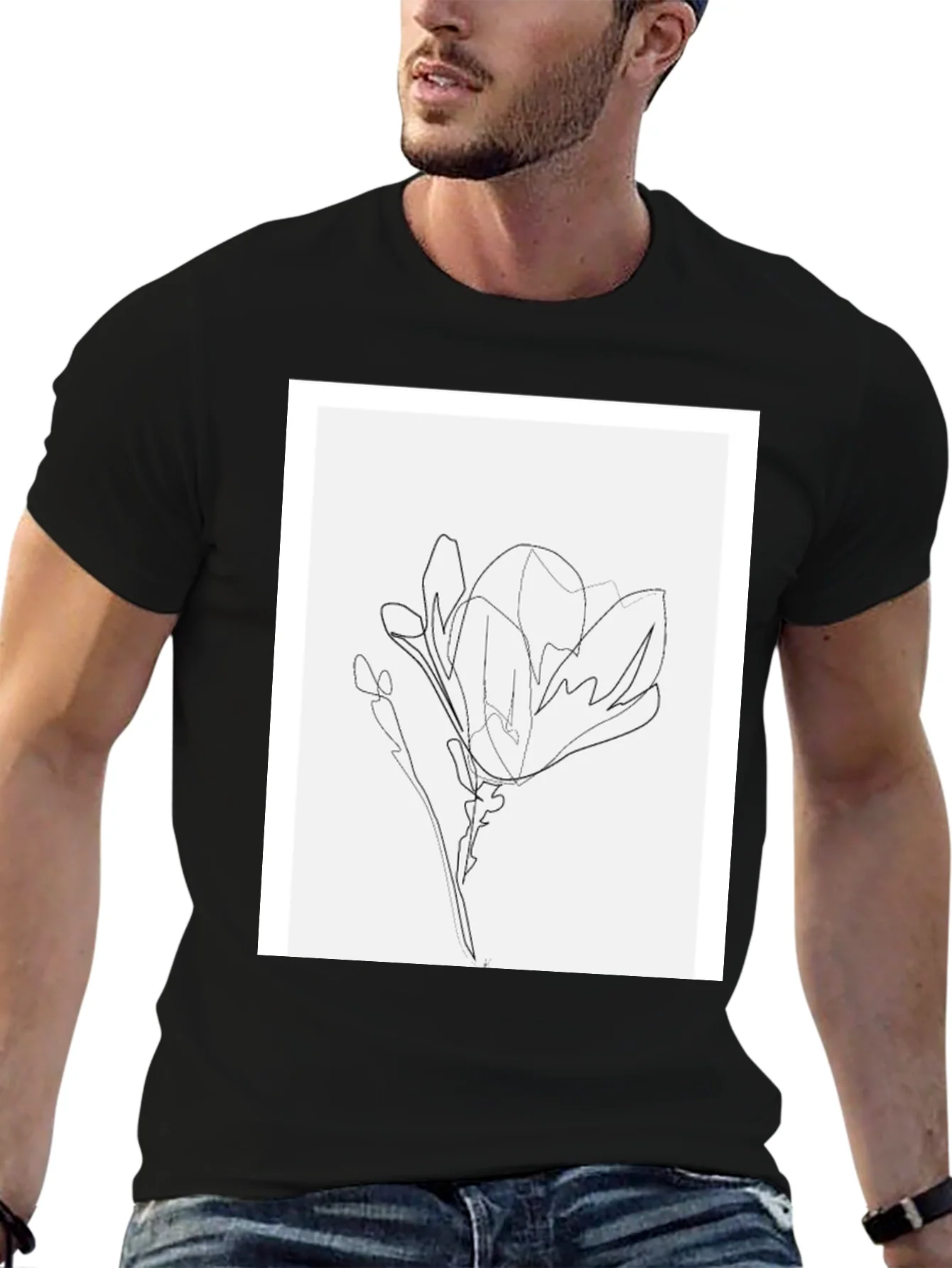 Minimalist Line Art Flower T-Shirt - Black