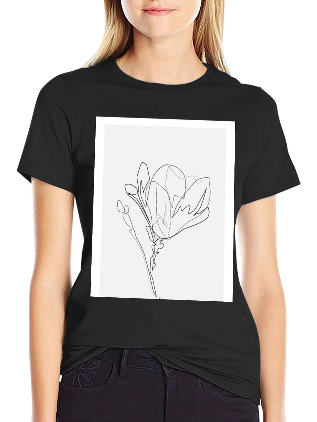 Minimalist Line Art Flower T-Shirt - Black