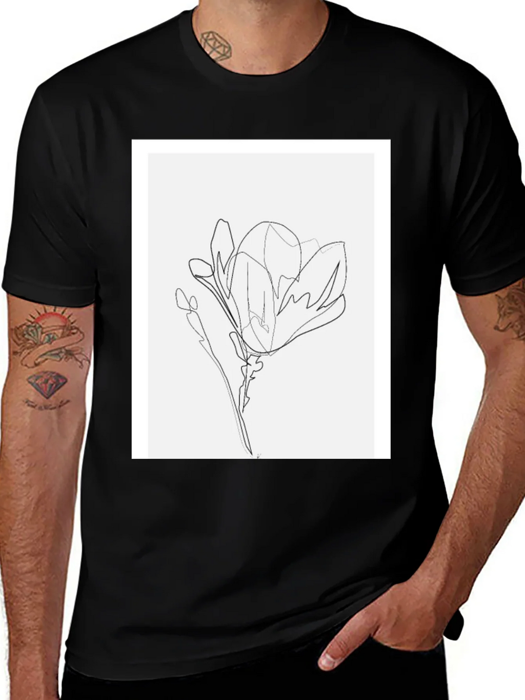 Minimalist Line Art Flower T-Shirt - Black