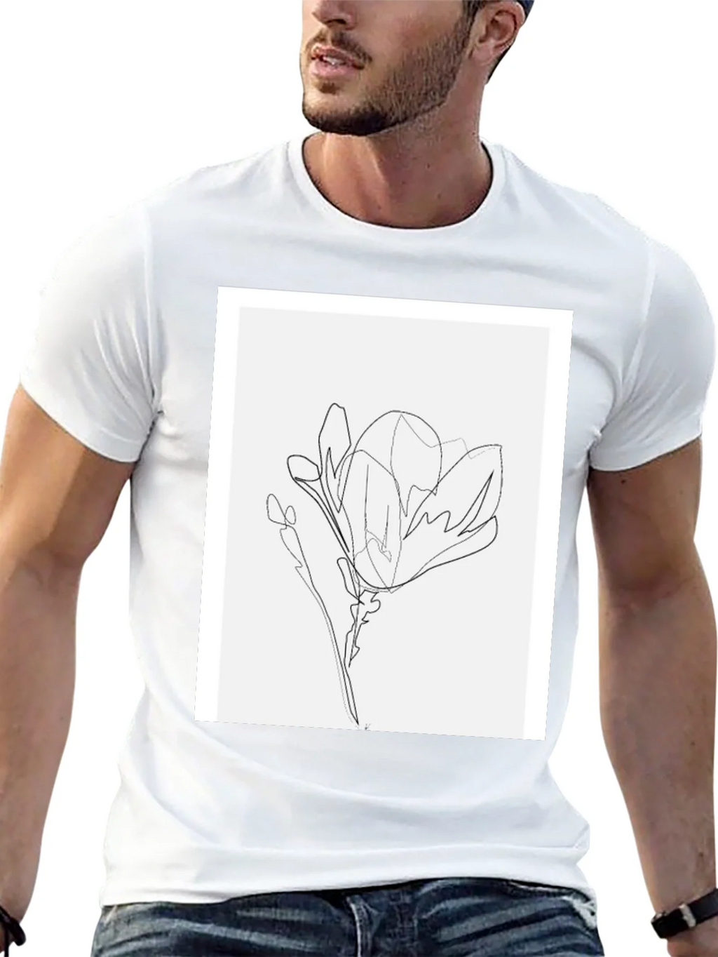 Minimalist Line Art Flower T-Shirt - Black