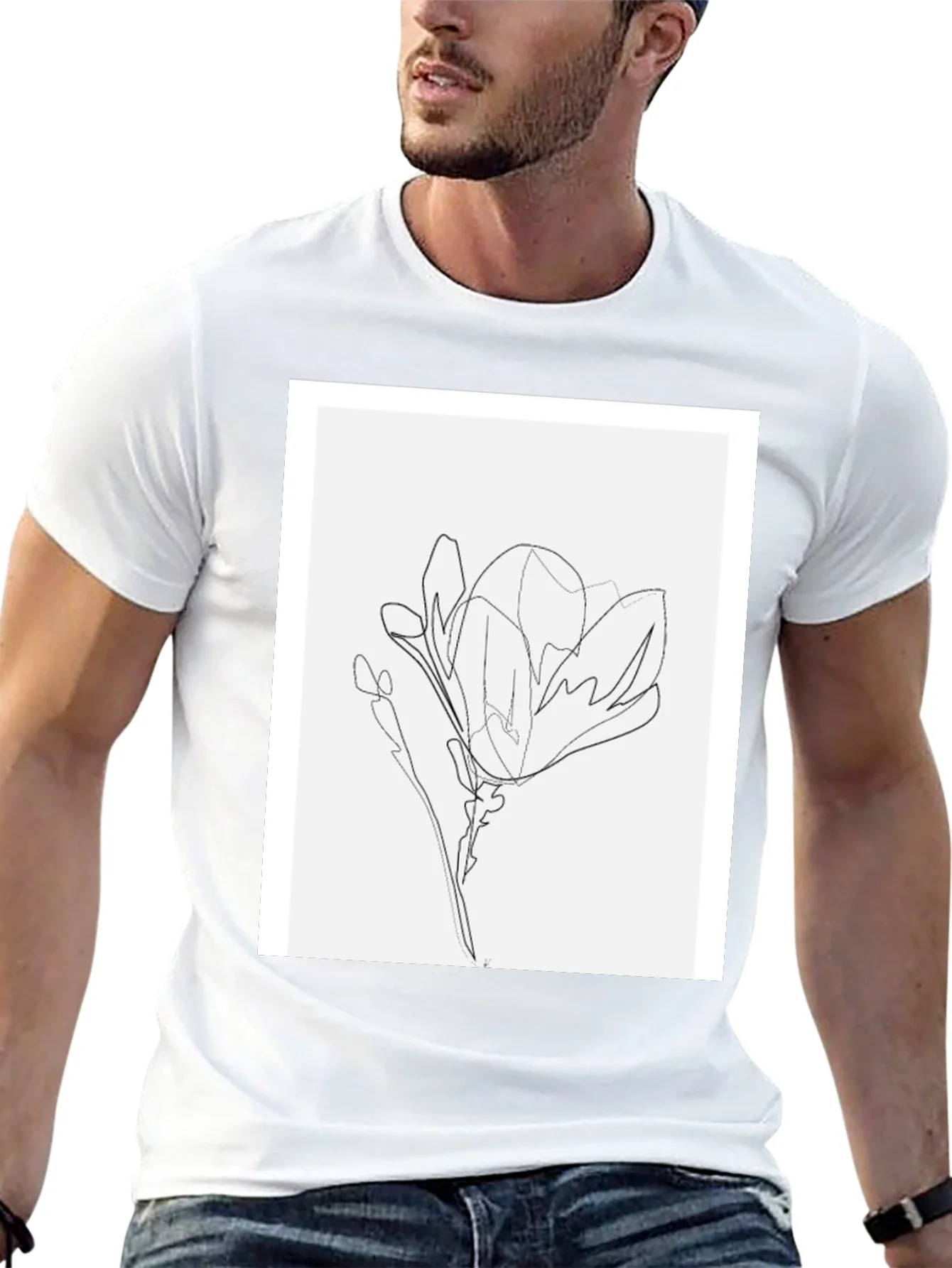 Minimalist Line Art Flower T-Shirt - Black