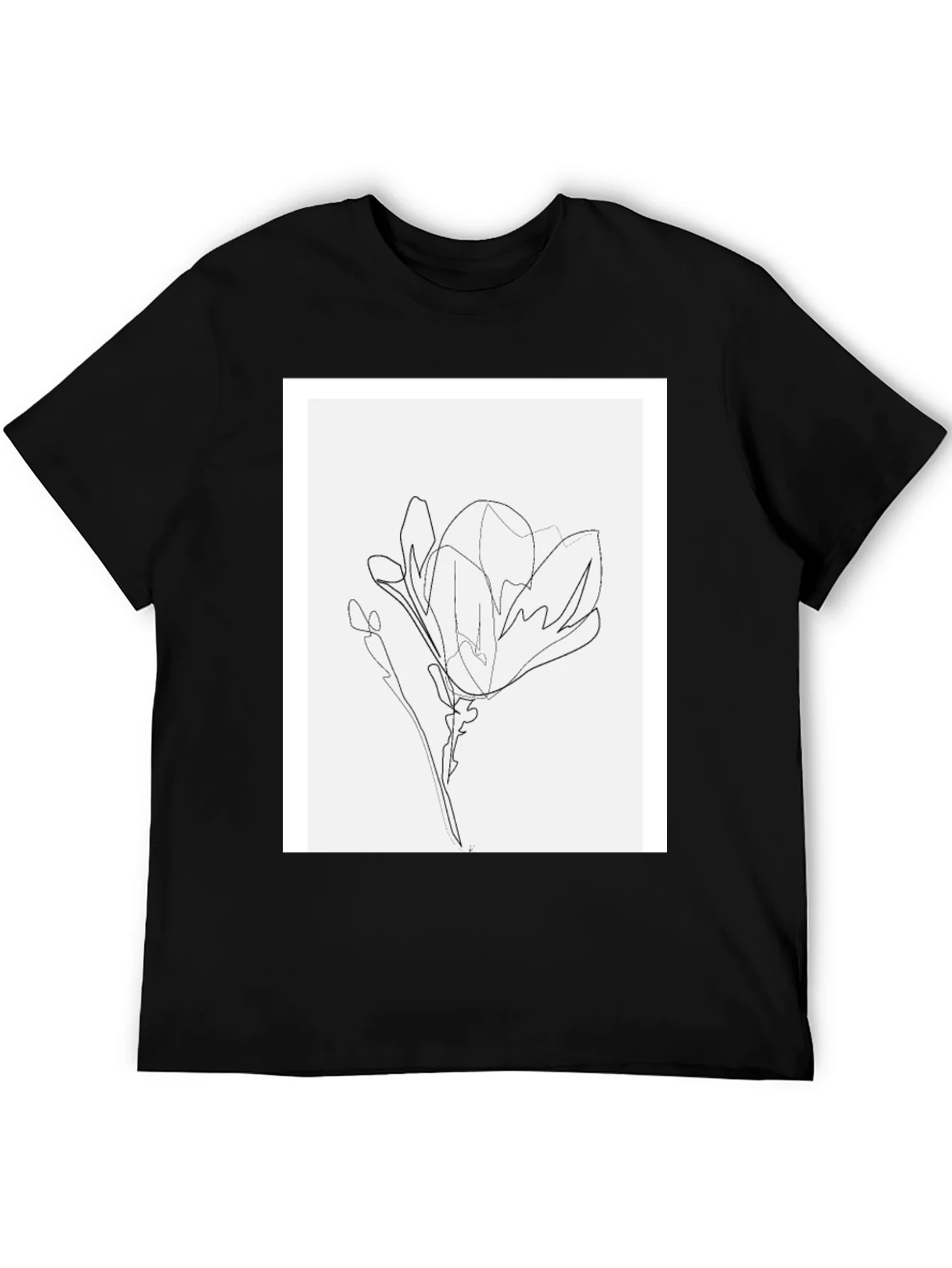 Minimalist Line Art Flower T-Shirt - Black