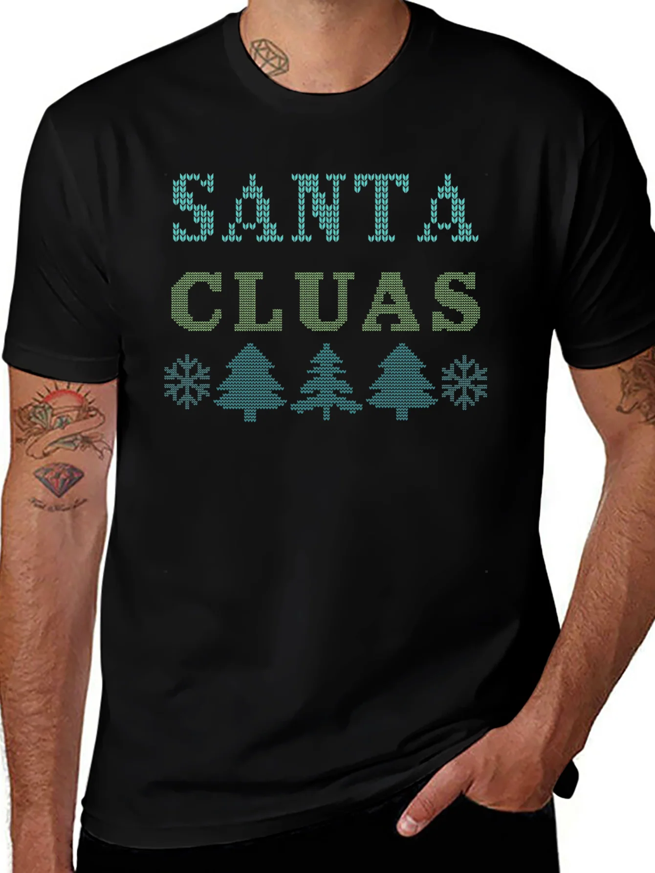 Santa Cluas Christmas Pattern Black T-Shirt